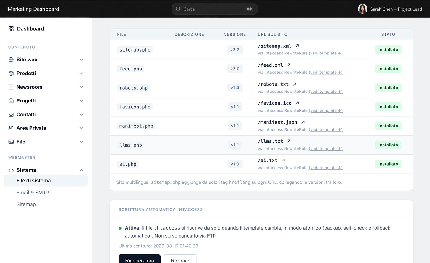 Pannello di gestione — dashboard