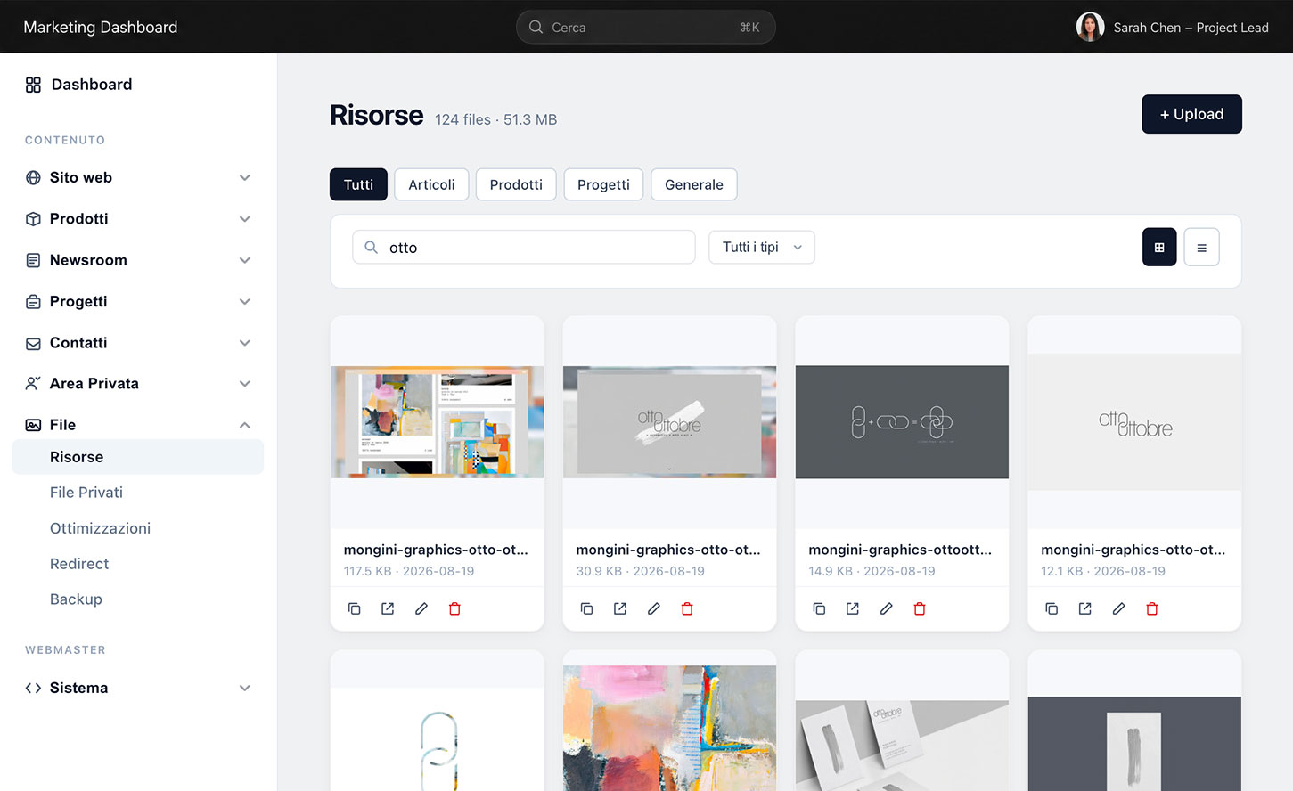 Pannello di gestione — editor contenuti